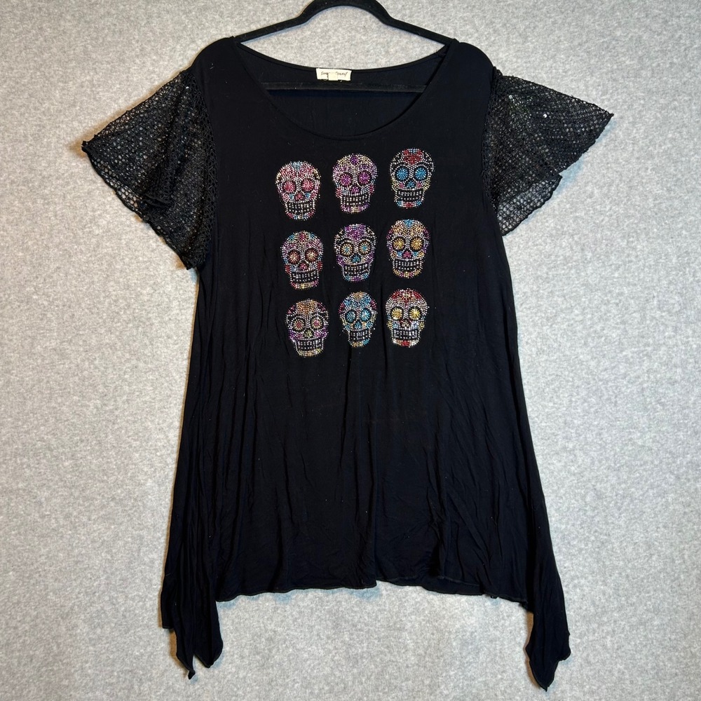 Song n Spirit Skull Tunic Womens XL Black Rhinestone Lace Sharkbite Boho Goth